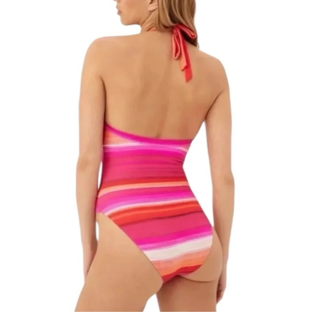 Trina Turk Solstice Stripe Halter Plunge One Piece Swimsuit Size 10 NEW